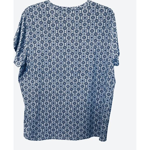 BLUE MOUNTAIN SHORT SLV PULL-OVER V-NECK TOP, WOMENS, 2X, BLUE GEOMETRIC PATTERN - Picture 5 of 11